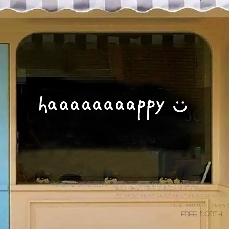 Happy Smiling Stickers Fun Cafe Dessert Shop Glass Showcase Wall Decorations Text Window Flowers Display Window Wall Sticker