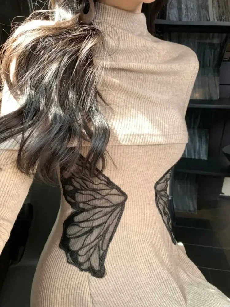 ชุดเซ็ตสองชิ้นสไตล์ Y2K สำหรับผู้หญิง ชุดเดรสไหมพรมลายผีเสื้อเอวสูง + เสื้อคลุมคอสูงครึ่งตัว ทรงสโมคฟร็อก ปี 2025 สไตล์แฟรี่กรันจ์