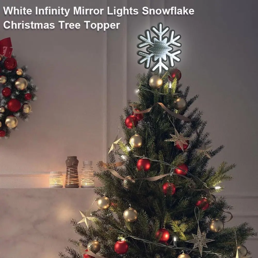 Snowflake Star Neon Sign Tree Topper for Christmas Decor 3D Infinity Mirror Snow White Lights Sparkling Treetop Winter Indoor