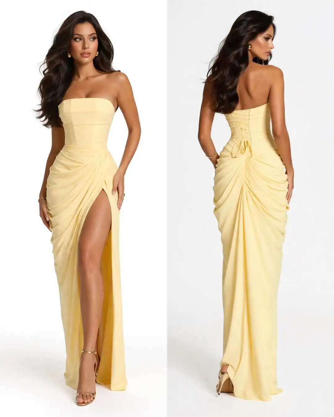 

Customzied Simple A-line Side Thigh Slit Floor Length Prom Gowns Strapless Sleeveless Evening Dress Back Lace Up Party Dress