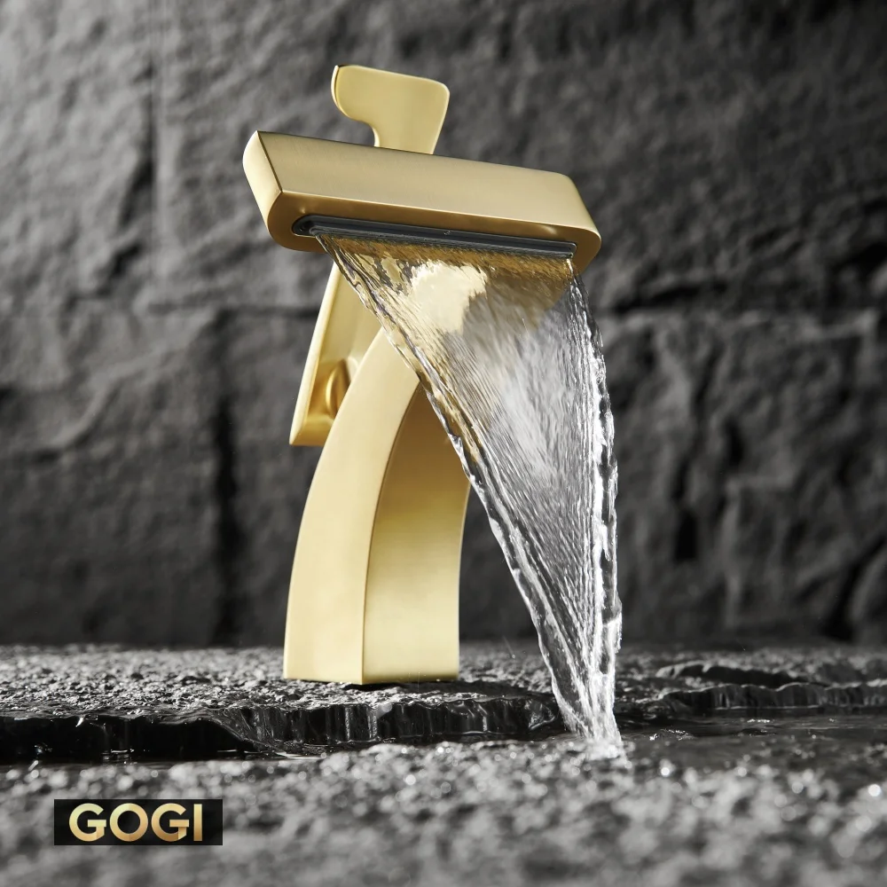 GOGI Brushed Gold Brass Waterfall Basin Faucet Single Handle Cold Hot Bathroom Sink Tap