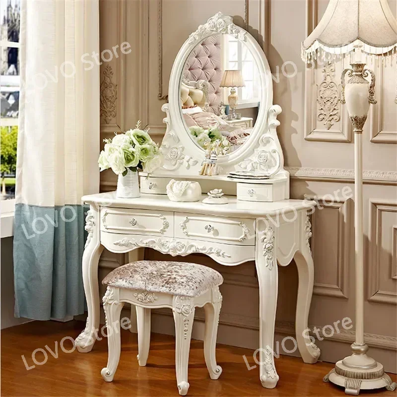 Dressers Vanity Table Set with Mirror White Makeup Desk  Drawers & Stool - Small Wood Dressing  for Bedroom