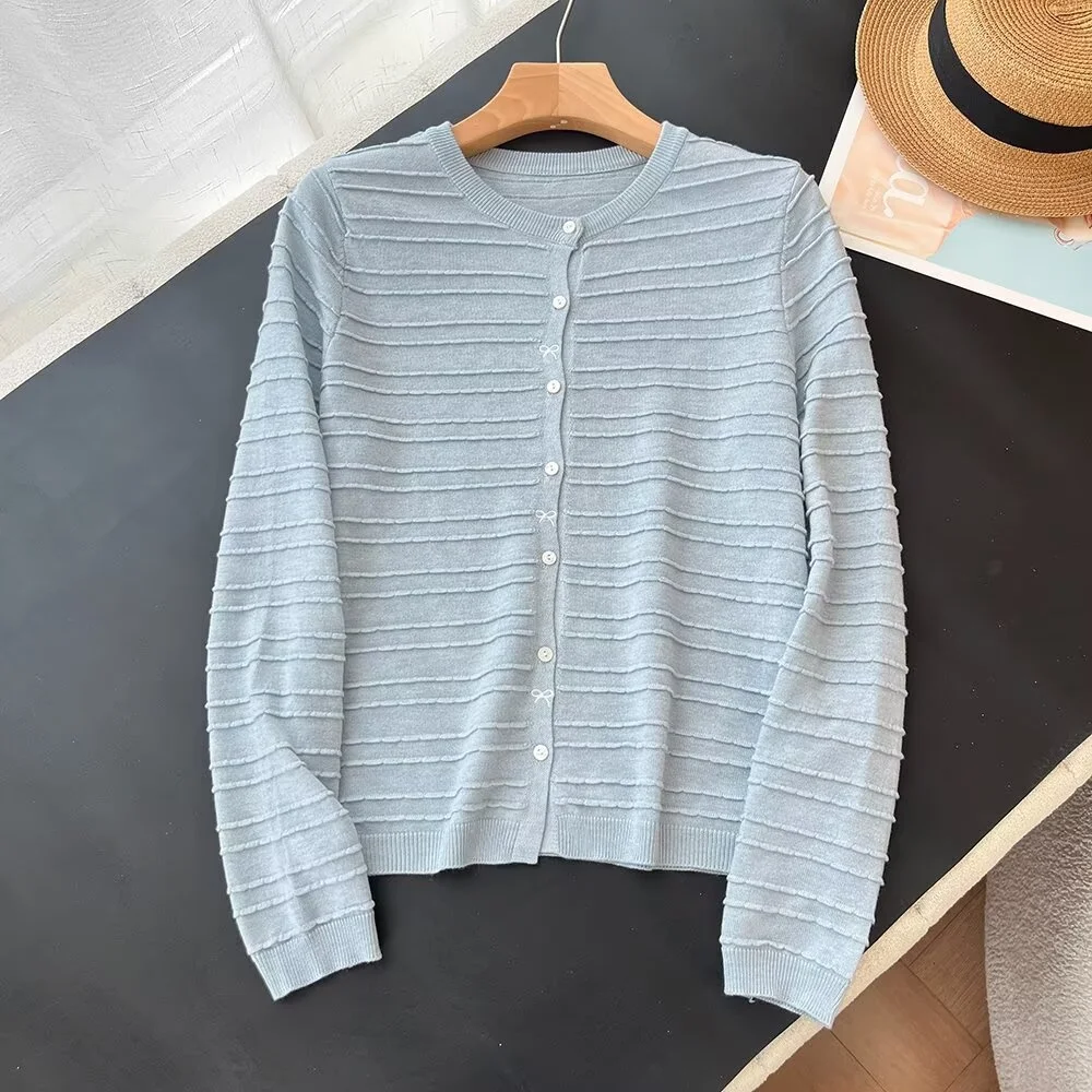 한국 스타일 매듭 줄무늬 니트 오픈 가디건 여성 패션 슬림 롱 셔츠 탑 코트 봄 가을 시즌