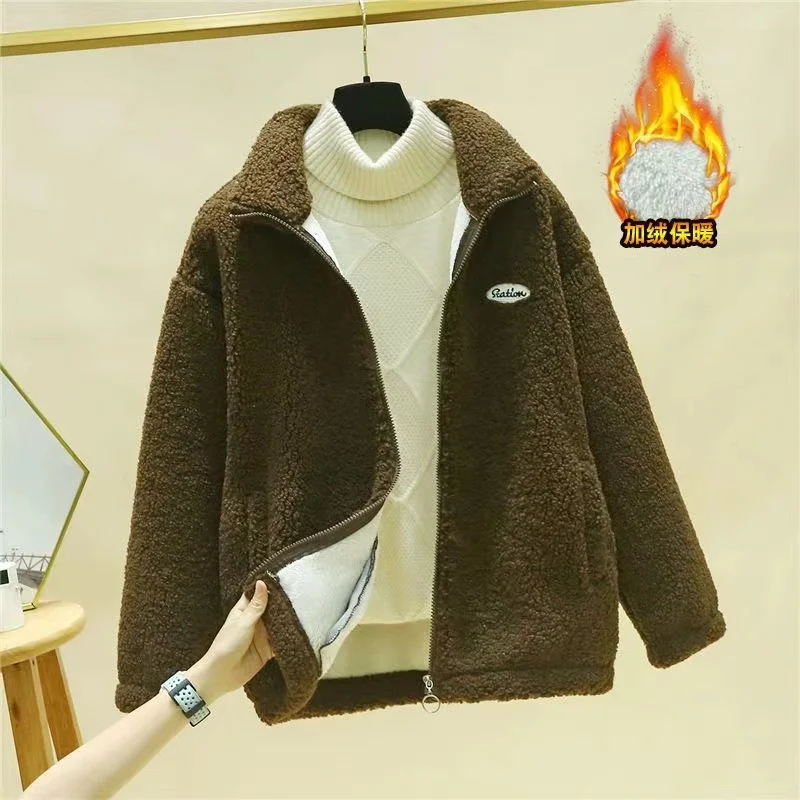 Korean Large Size 4XL Lamb Wool Female Coat Winter Zipper Middle Aged Mother Granular Velvet Top Loose Thickening Ladies Jacket