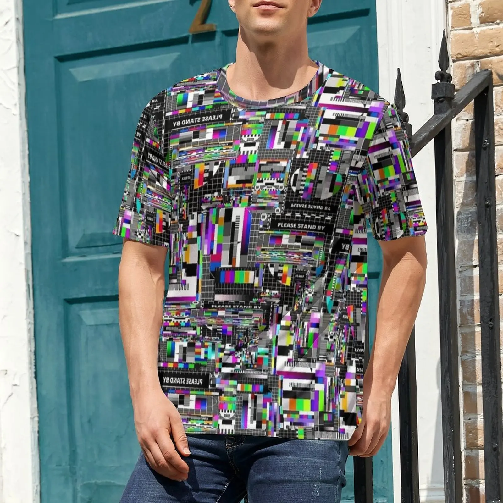 Oversize T-Shirt Summer Vintage TV Glitch Print T-Shirts  Casual O-Neck Tee Shirt Men Trendy Design Tees