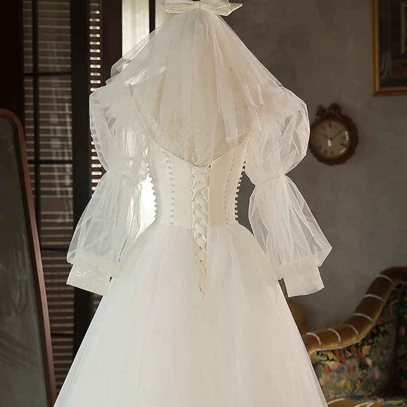 AnXin SH principessa fiore pizzo bianco vintage collo alto manica lunga a sbuffo sposa abito da sera personalizzato piccolo abito bianco