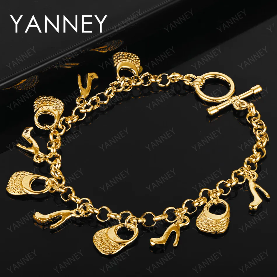 Fashion 925 Sterling Silver 18K Gold Women 8 Inches Shoes Bags Bracelet For Charm Punk Party Jewelry Wholesale