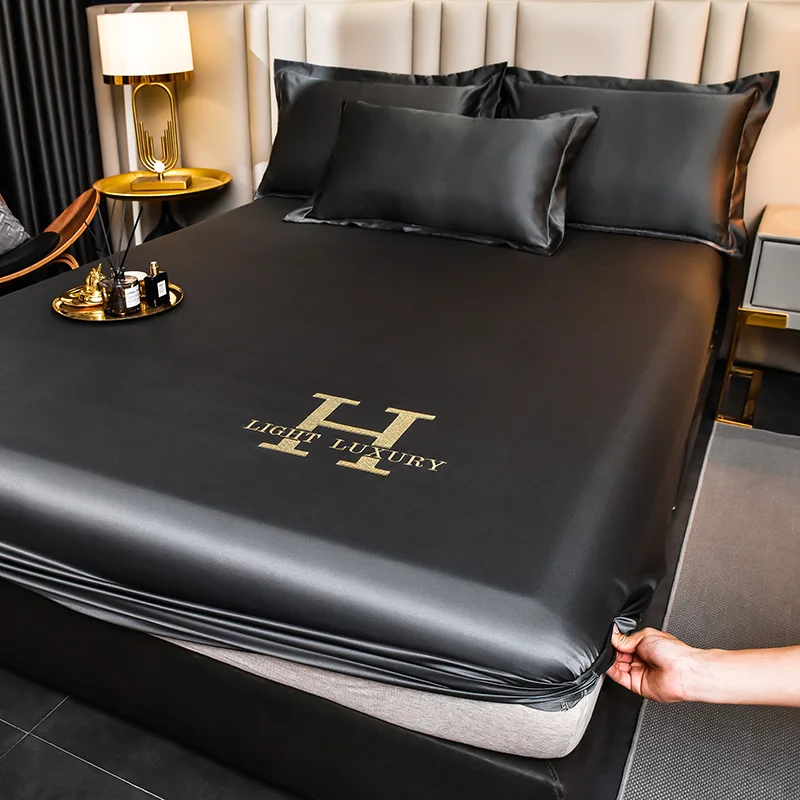 Satin Silk Fitted Sheet Solid Color Mattress Cover Elastic Band Bed Sheet Bedsheet Ice silk satin 180x200cm Machine washable