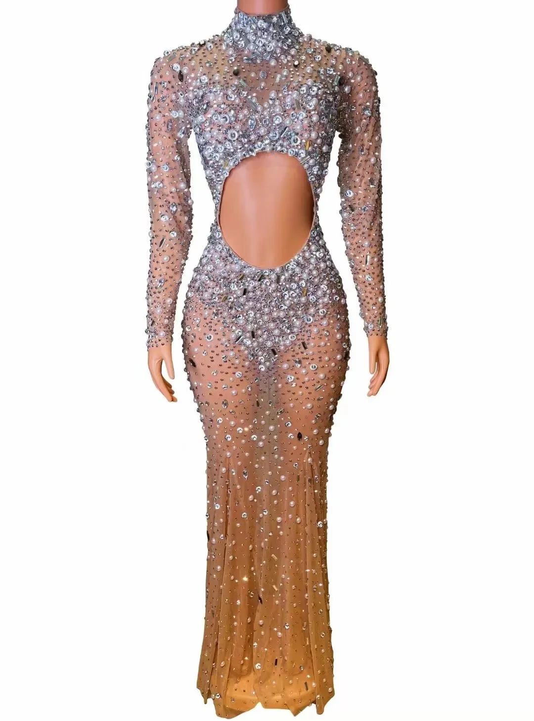 Sexy Brilliant Nightclub Bar Female Singer Full Diamond Mesh Perspective Hollow Long Sleeve Wrapped Hip Model Performance Dress