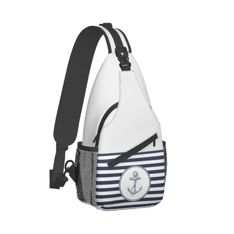 Navy Blue Stripes Nautical Anchor Sling Crossbody Chest Bag Men Fashion Shoulder Backpack for Camping Biking