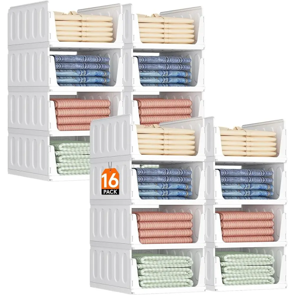 

16 Pack Stackable Closet Organizers - Storage Baskets for Clothes, Sweaters, Pants, Ideal for RV, Pantry, Kitchen, Dorm, 16.5 De