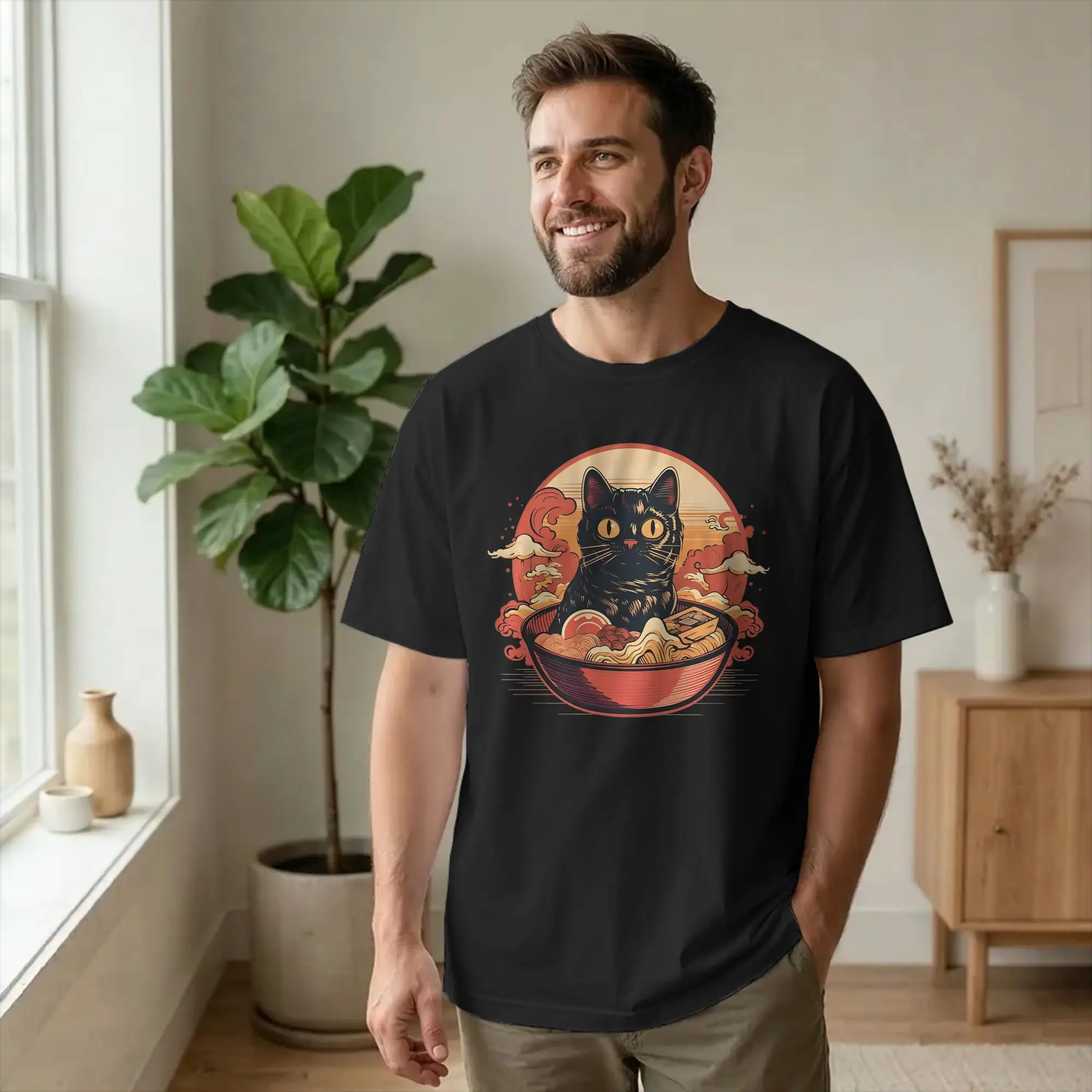 Cute Black  Cat Eating Ramen Tshirt Men's Cotton Tops Shirts Retro  O-neck Short Sleeve