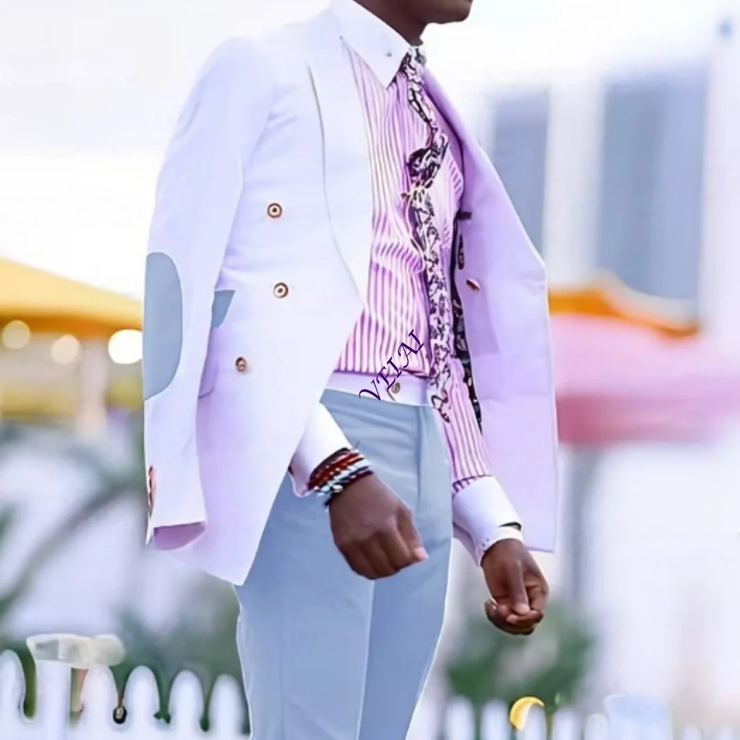 

Customized Groom Wedding Suits Set Slim Fit 2 Pieces Fashion White Men's Suit with Purple Pants Trendy Performance T for Singers