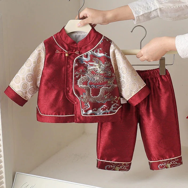 

Комплект из 2 предметов для малышей: весенне-осенний наряд в китайском стиле, новогодняя вышивка, красные лонгсливы и брюки, детская бутиковая одежда B347