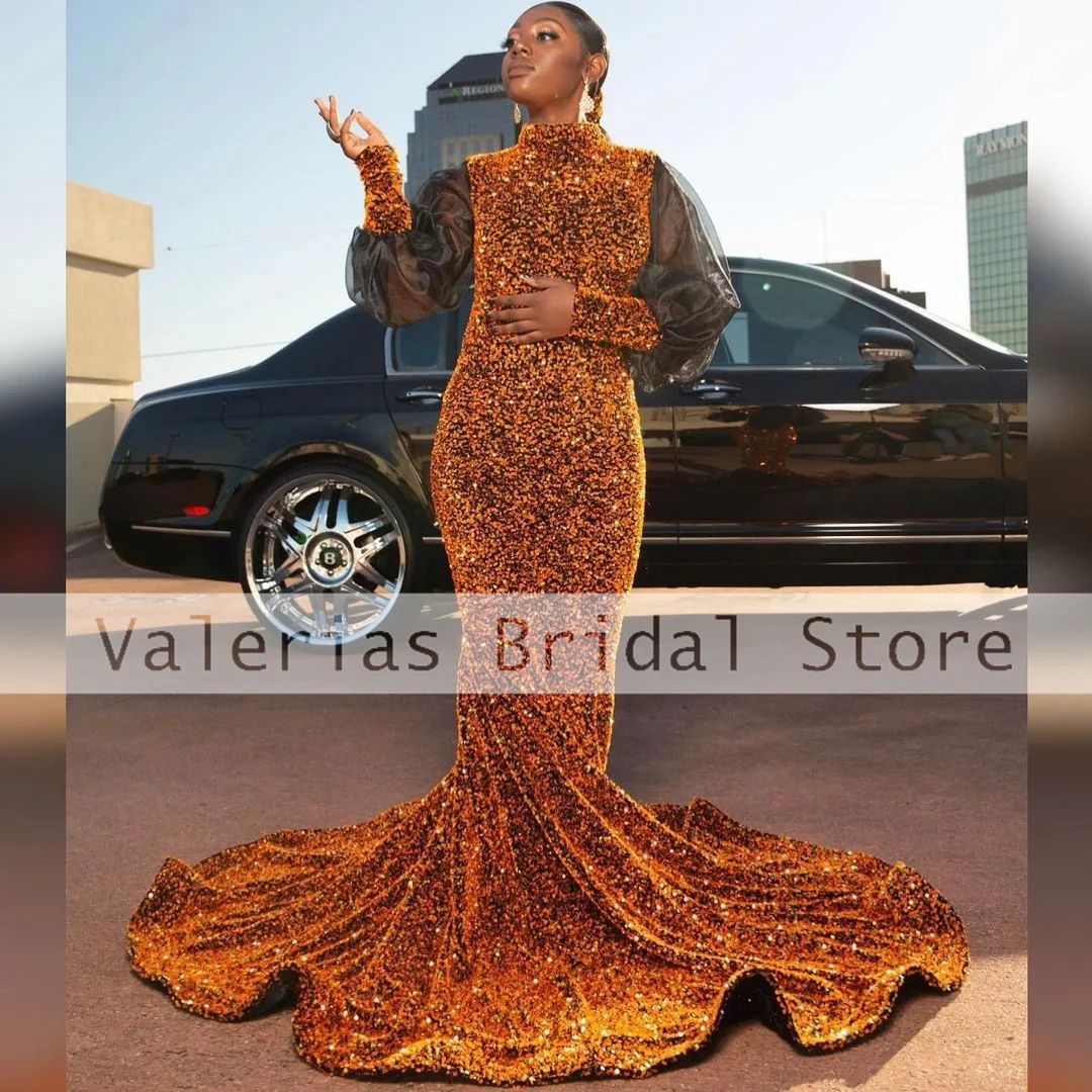 Orange Mermaid Prom Dress African Girls Sequined Sparkly Evening Dresses Vestidos Para Mujer Elegantes y Bonitos Customized