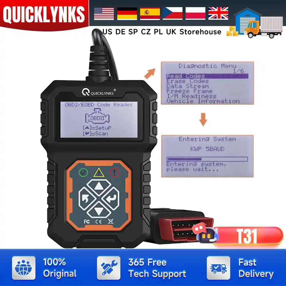 

QUICKLYNKS T31 автомобильный полный сканер OBD2/EOBD проверка системы двигателя диагностические инструменты автомобильный профессиональный сканер считывания кодов