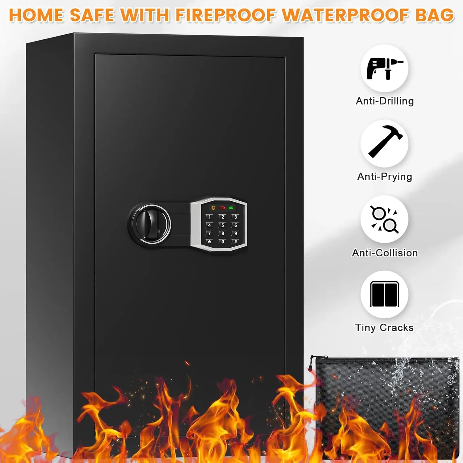6.0 Cuft Large Home Safe Fireproof Waterproof, Digital Security Fireproof Safe Box with Fireproof Bag, Electronic Keypad Keys an