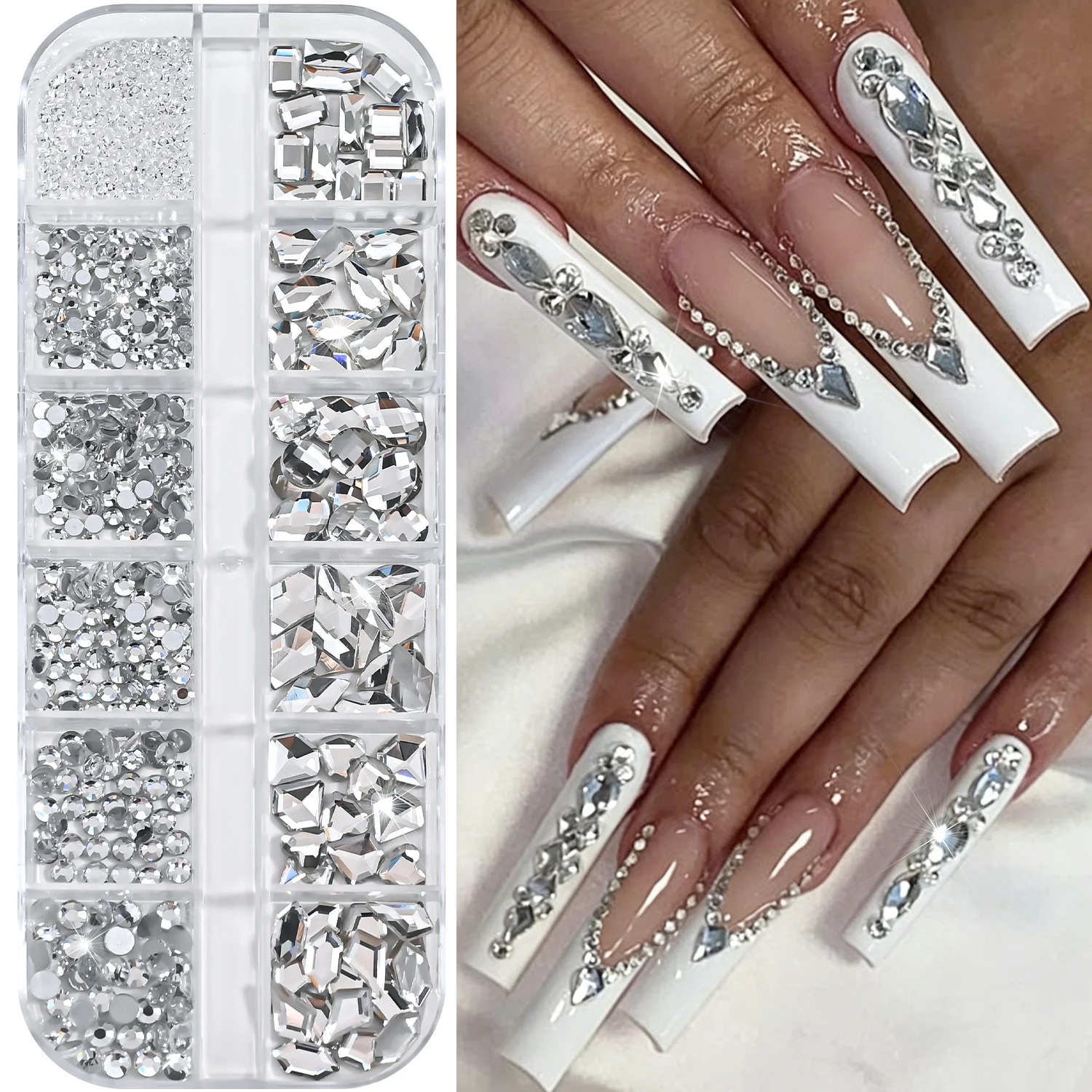 12Grids 3D Clear Multi-shape Crystal Rhinestones Sparkly Flatback Non-hotfix Diamond DIY Gems Luxury Glass Stones Nail Charms