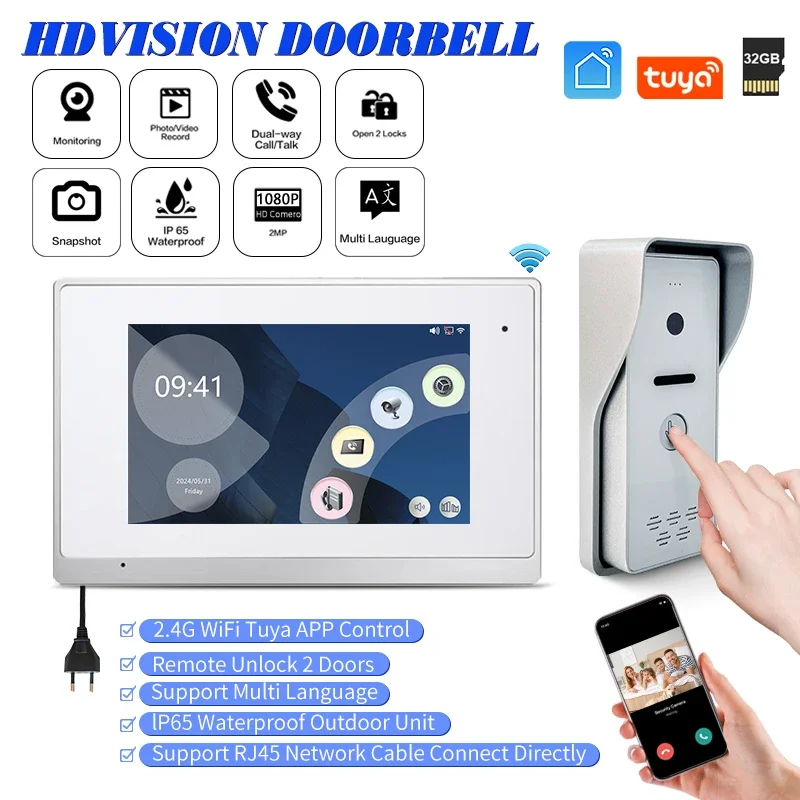 

Top Seller IP System Wifi 1080P Video Doorbell Intercom Tuya Con Camera Network RJ45 7 Inch HD Screen Door Release Access