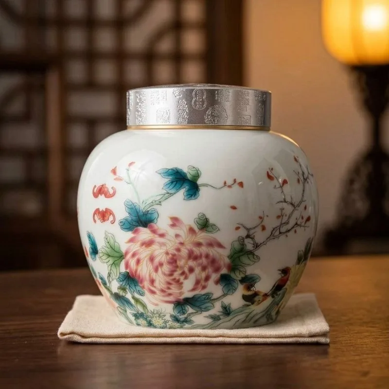 Creative Alloy Threaded Ceramic Storage Jar Moisture-Proof Sealed Tea Jar Painted Flower Ceramic Storage Jar Food Container