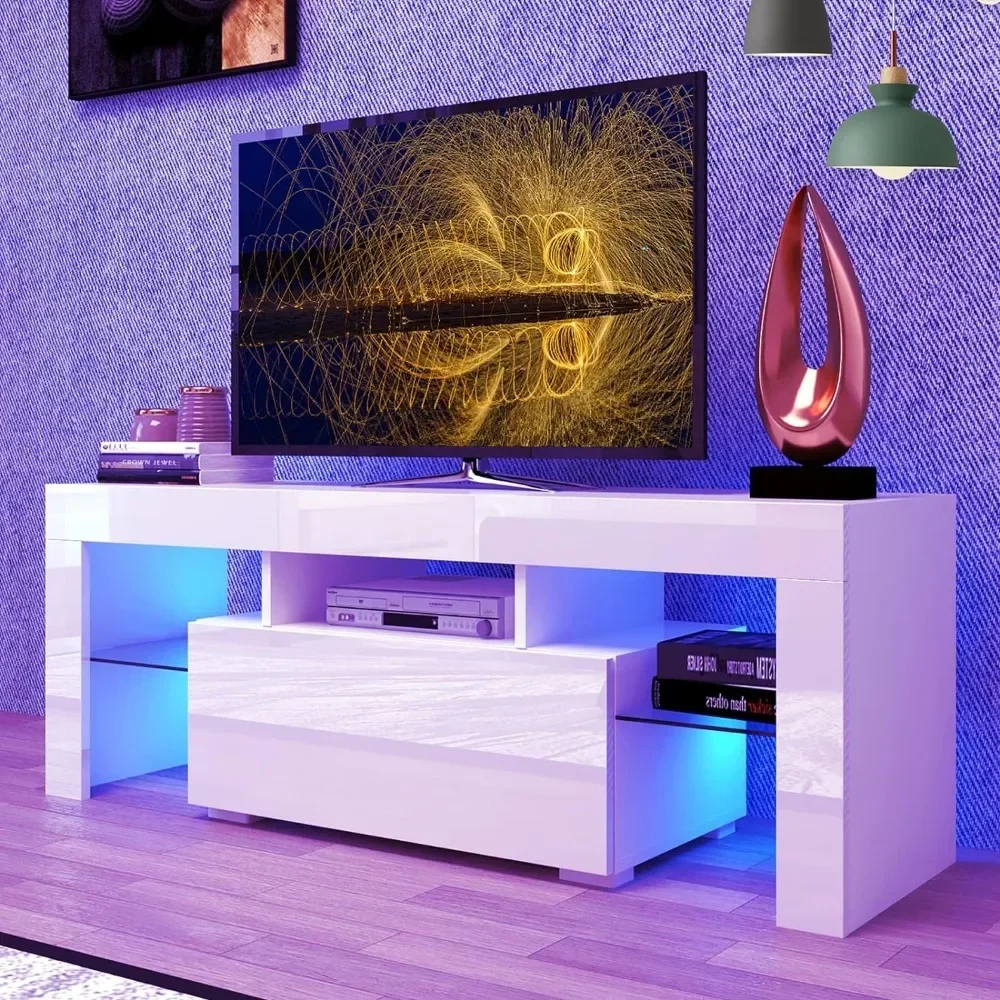 TV Stand for Modern Entertainment Center w Shelves, Wood TV Console w/2 Storage Drawers ,Gaming Media Stand with Display Glass,