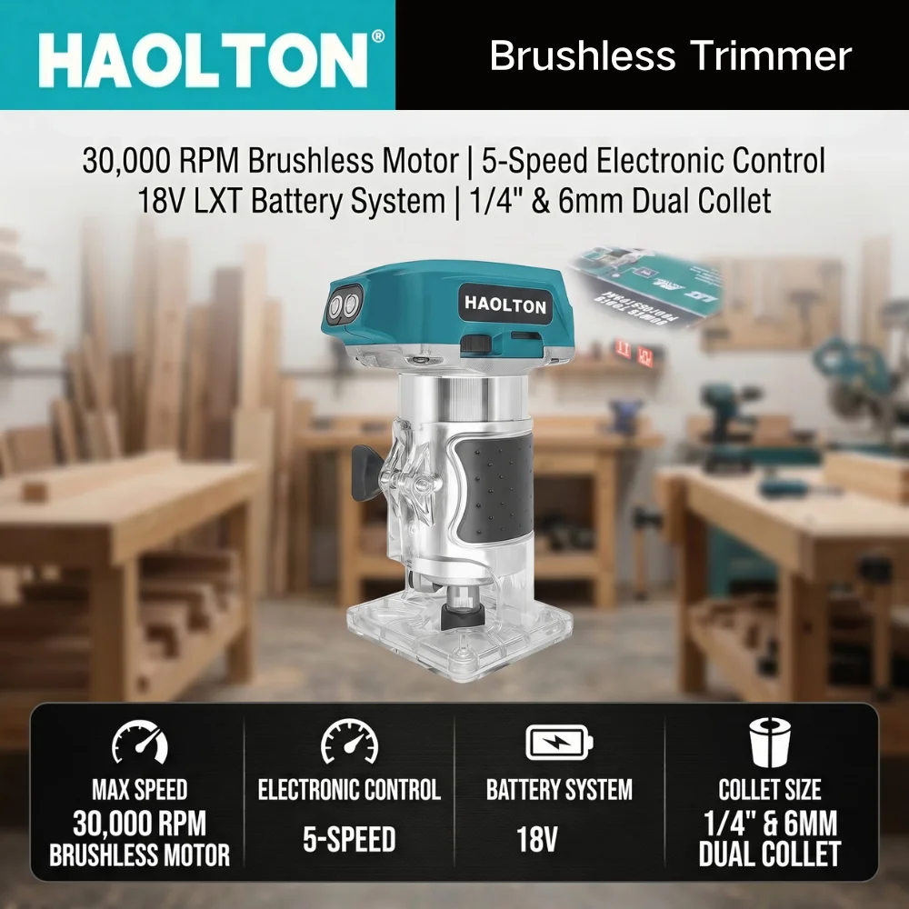 HAOLTON Cordless Brushless Trimmer Router 30000RPM 1/4
