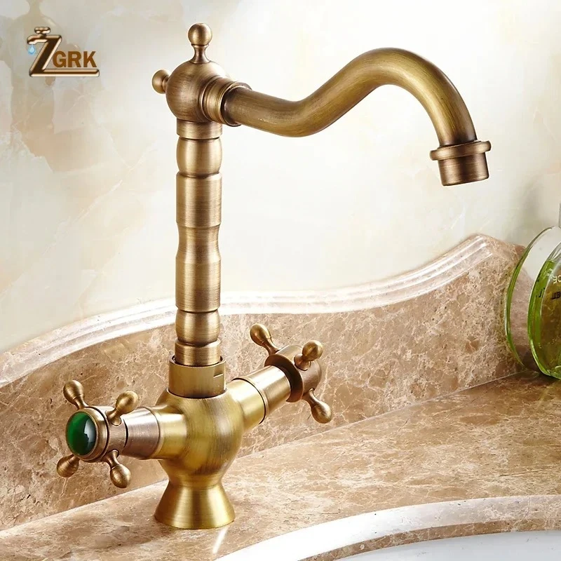 ZGRK Wastafelkraan met dubbele handgrepen Messing Brons Afgewerkt Mengkranen 360-rotatie Antieke wastafelkraan Badrandcombinaties Waterkranen - afbeelding 1