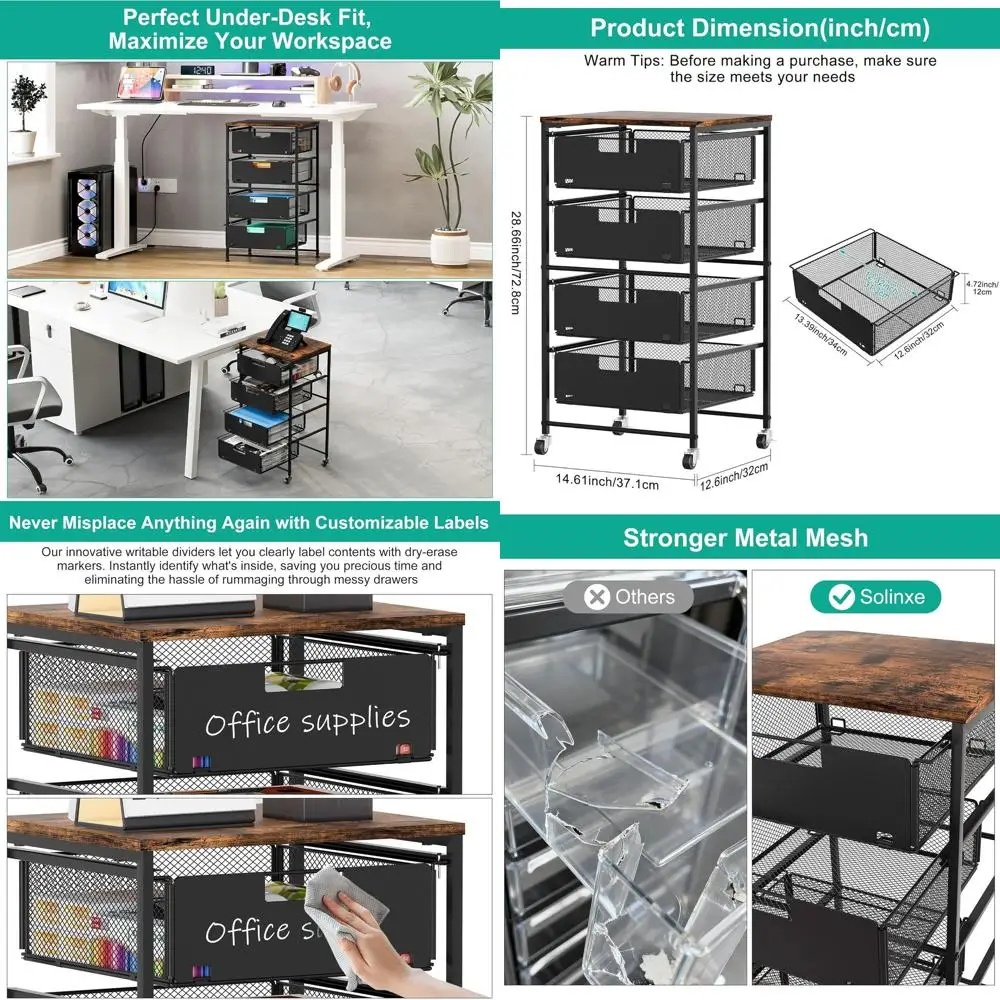 4-Tier Rolling Storage Cart with Lockable Wheels, Under-Desk File Organizer, Multi-Function Office Utility Cabinet, Black