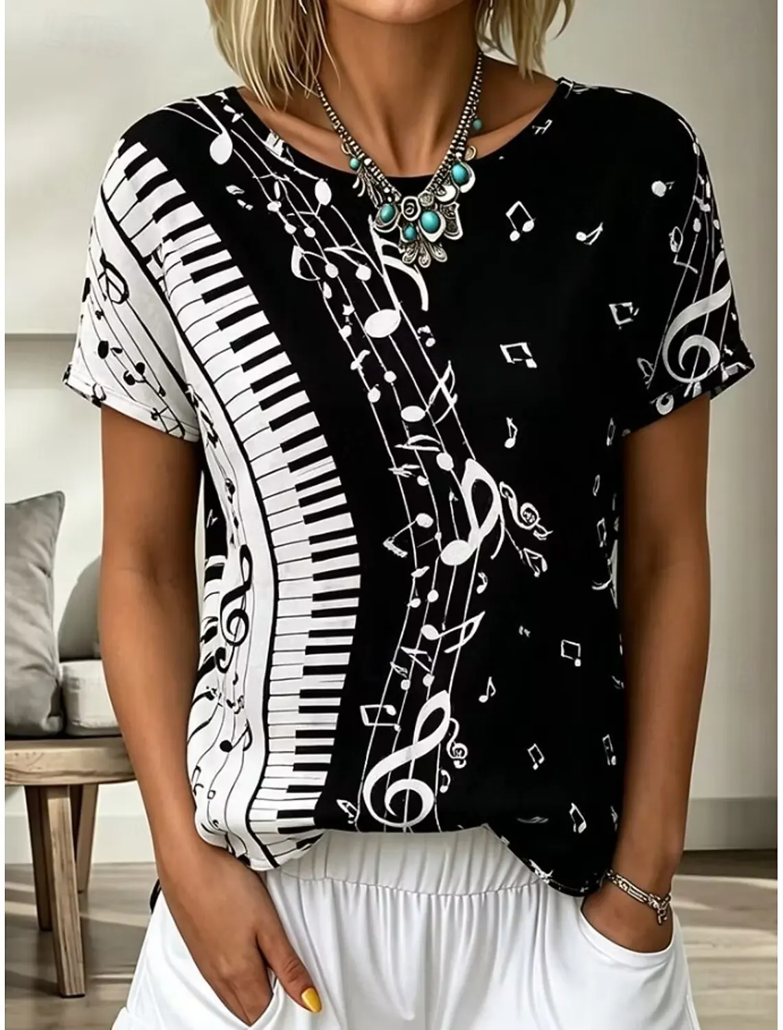 Women's Spring Summer 3D Printed Crew Neck T Shirt, Black White Piano Key Musical Note Color Block Print Casual Street Top