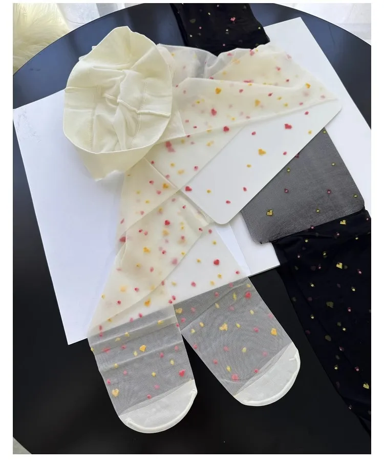 Frauen Ultra Dünne Strumpfhosen Sexy Strumpfhosen JK Strümpfe Bunte Süße Liebe Herz Polka Dots Drucken Transparent Beige Schwarz Leggings – Detail 24