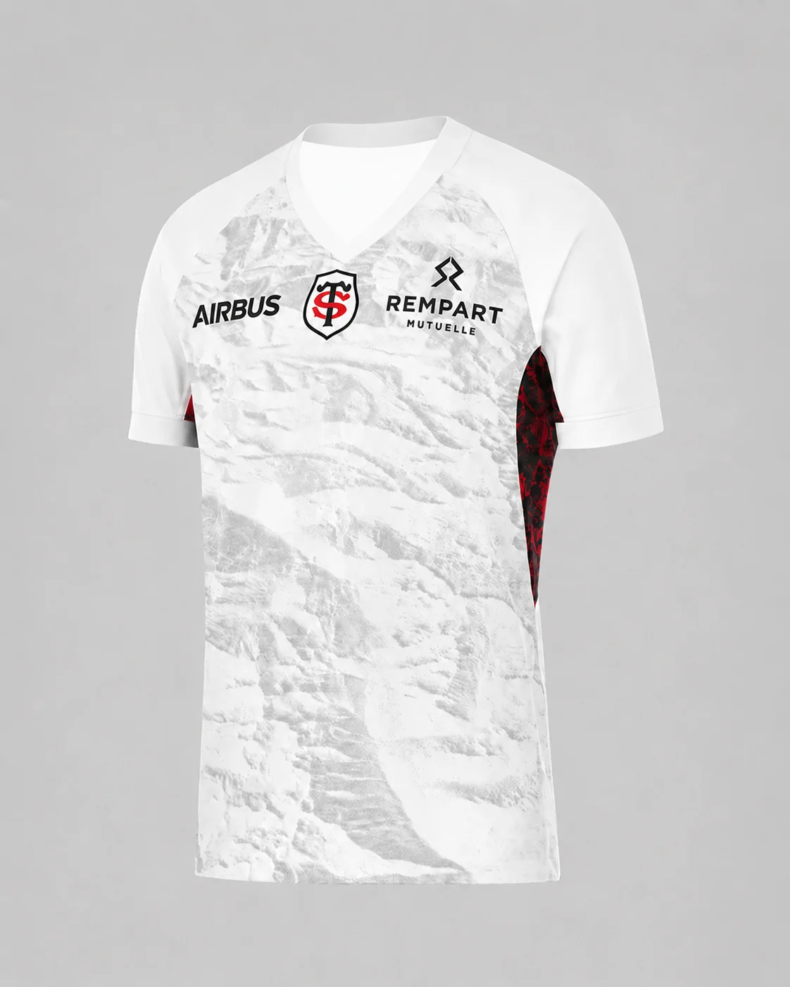 2026 Herren Damen Kinder Stade Toulousain Auswärtstrikot Rugby Weiß Rot V-Ausschnitt Kurzarm Sublimiertes Fan-Sport-Trainings-Oberteil Fan-Geschenke – Detail 4