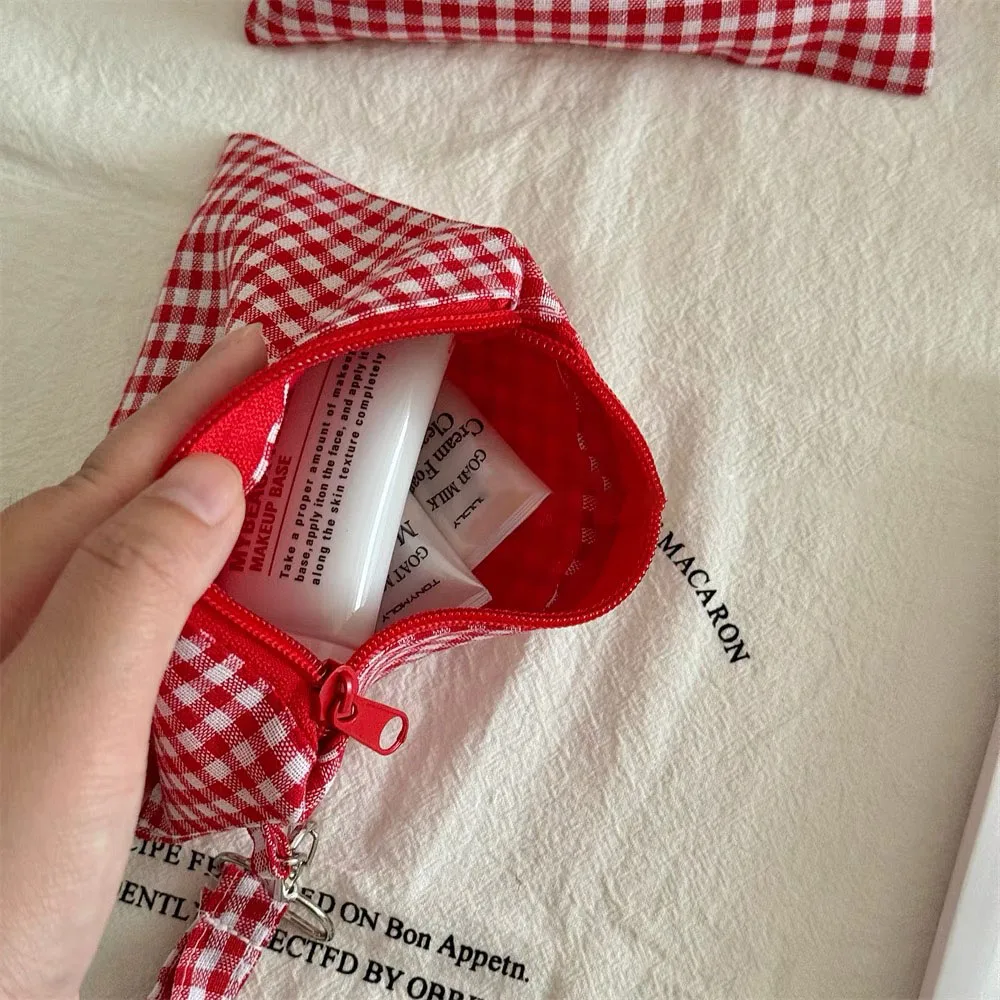 Embroidered Cherry Cosmetic Bag Women Plaid Hand Held Portable Cosmetics Storage Pouch Korean Popular Bags Women Make Up Bag