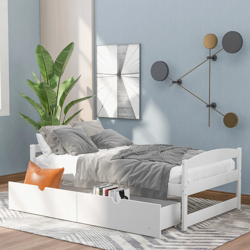 Twin size platform bed, with two drawers, white