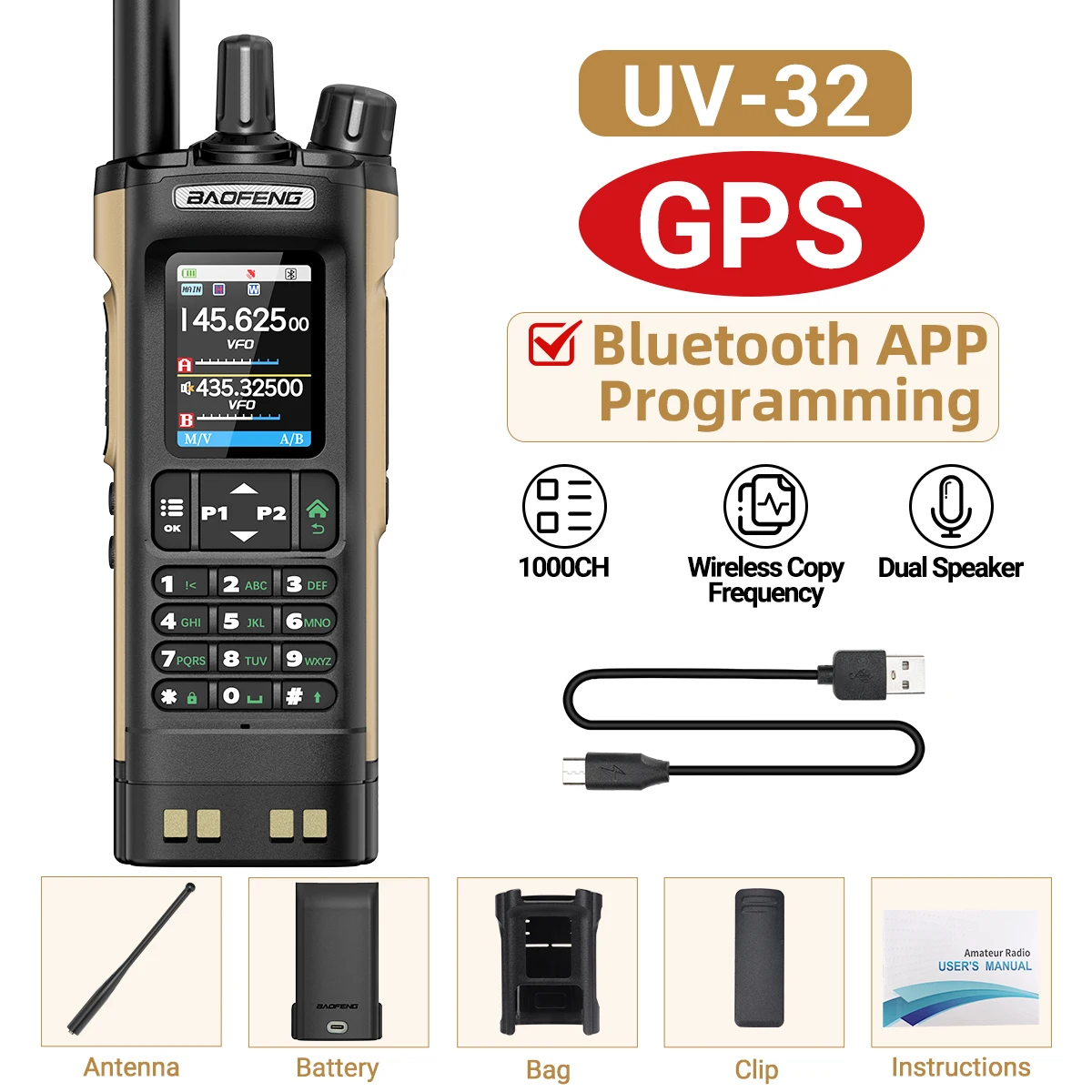 BAOFENG UV-32 GPS Air Band Walkie Talkie Lange afstand 10W Multi Band Bluetooth Programmering Draadloze kopieerfrequentie Tweerichtingsradio