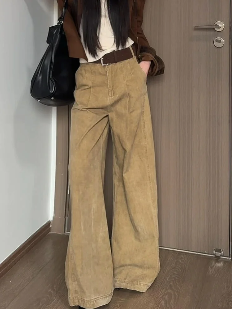 Retro American Washed Yellow Denim Pants High Waist Distressed Split Slimming Floor-Length Trousers for Women Outdoor Wear