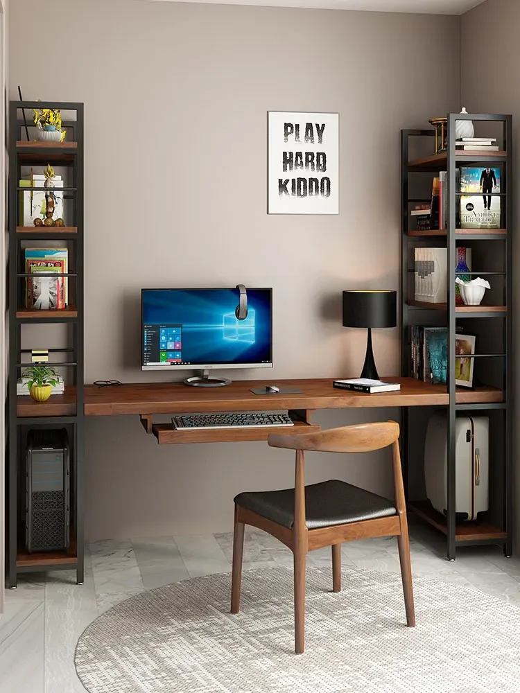 Solid wood desk bookshelf combination study table bookcase integrated student home bedroom corner computer desk desktop simple