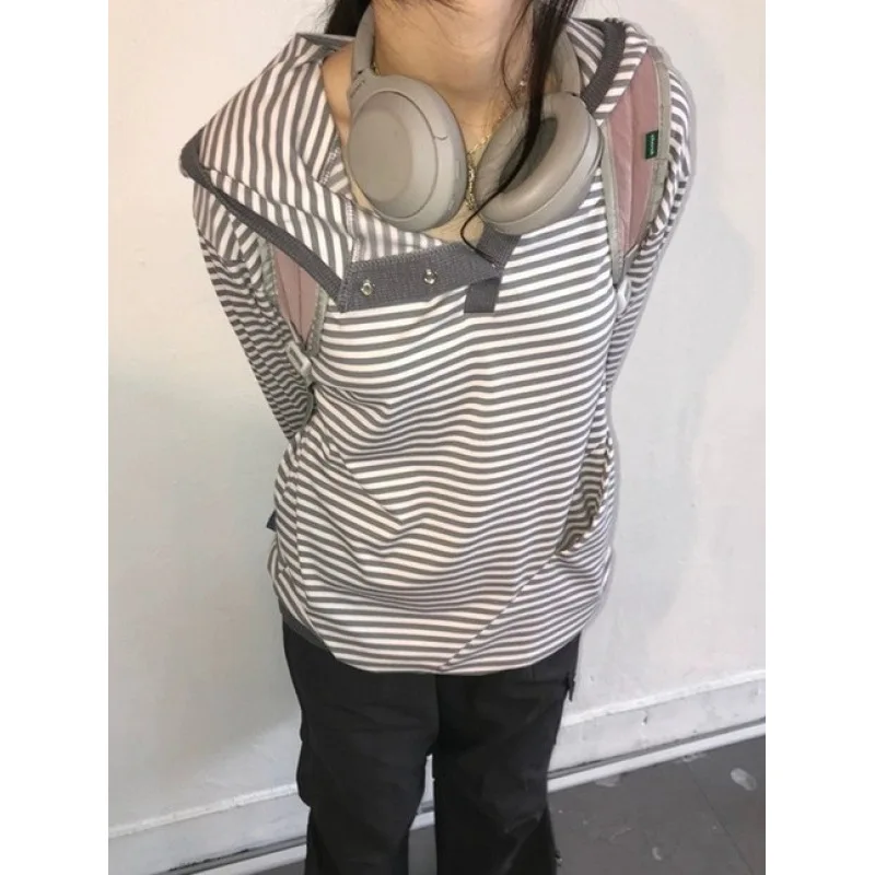 European and American original style concealed button hooded long sleeved striped top casual women's hooded T-shirt top