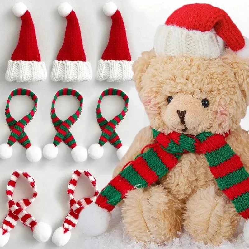 Mini Santa Knitted Hat & Scarf Small Christmas Costume for Cat Rabbit Doll Lollipop Bottle Cap DIY Xmas Party Dinner Decoration