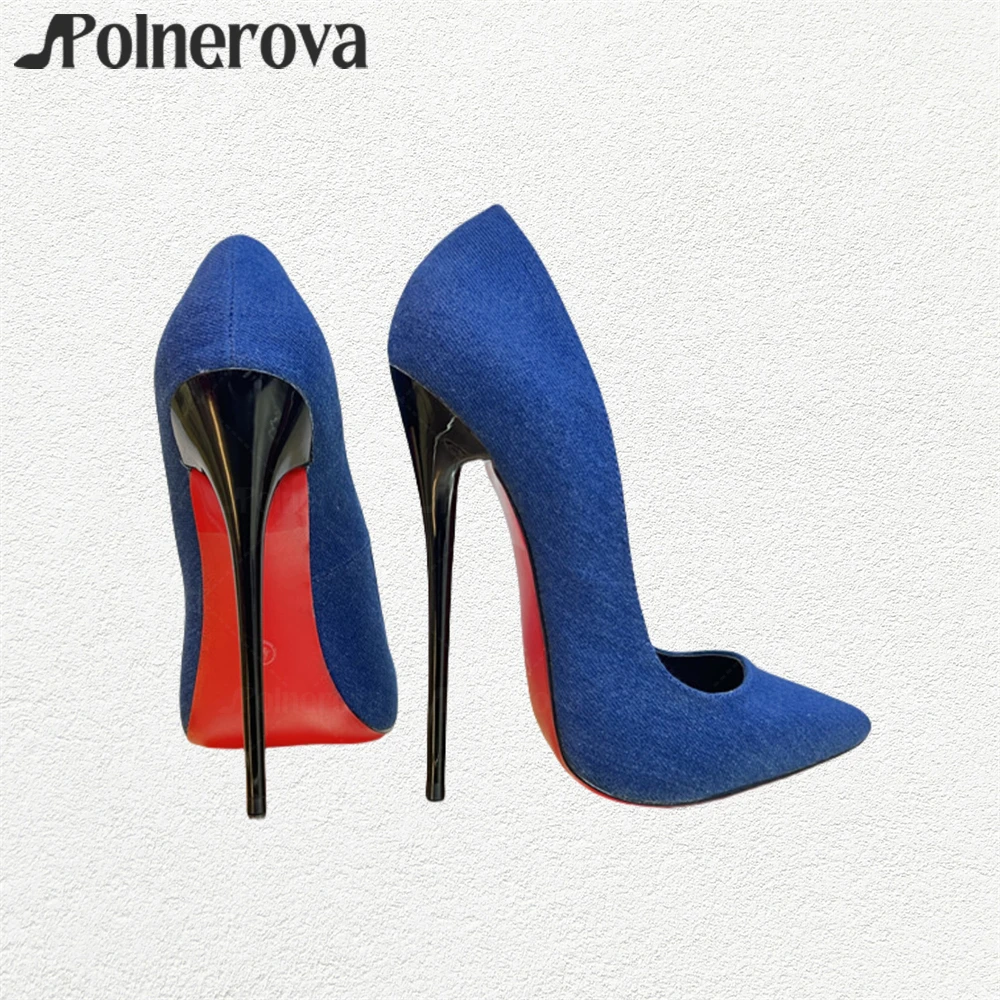 

16cm Extreme Stiletto Denim Pumps Lacquered High Heeled Slip on Shoes Blue Black Sexy Stilettos for Women Fashion Pointed Pumps