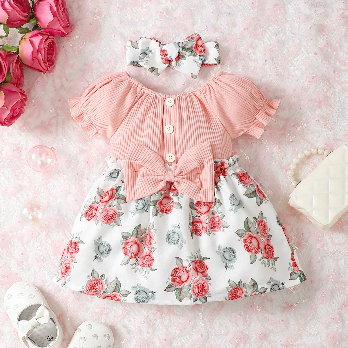 Summer Baby Girl Dress Bubble Short Sleeved Patchwork Dress Bowknot Fashionable Floral Printed Skirt with Headband 2psc Set