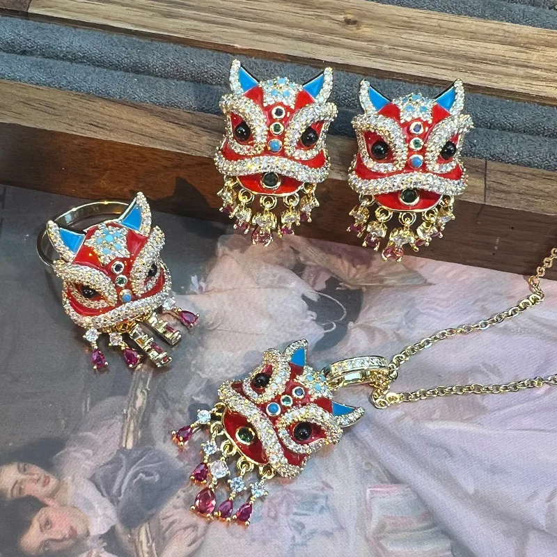

Chinese Style Red Lion Dance Crystal Tassel Necklace Earrings Rings Three-Piece Suit New Fashion Jewelry Anniversary Gift