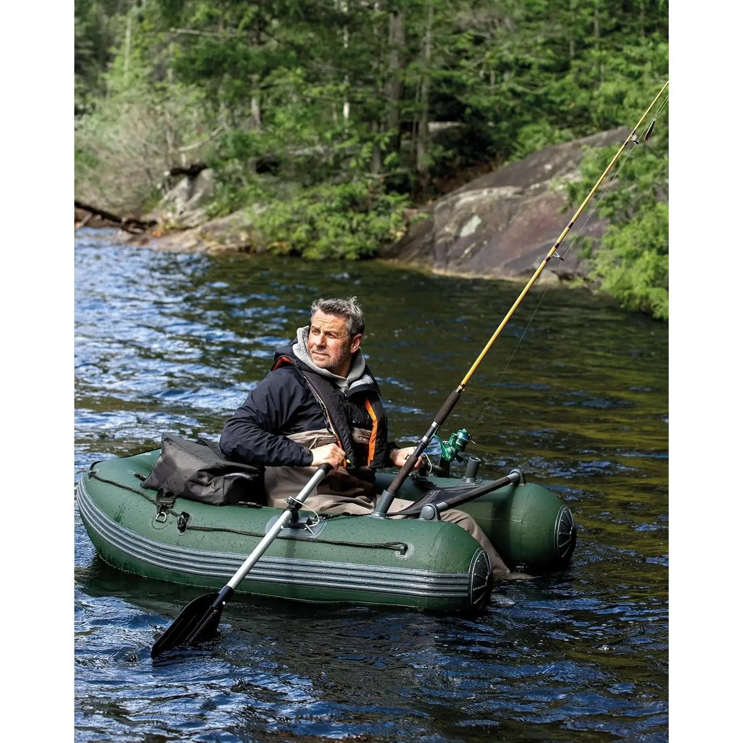 أنبوب تعويم الصيد القابل للنفخ من W_ Pro، يتضمن مجاديف القوارب مقاس 54 بوصة، ومضخة عالية الإخراج، وحوامل صنارة الصيد القابلة للفصل، ومسطرة السمك الشبكية #4