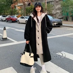 Women's Mid-Length Hooded Coat, Thickened, Loose, Black, Mid-Length Cardigan, Monochromatic, Casual, Fashion, Autumn, Winter, Ne