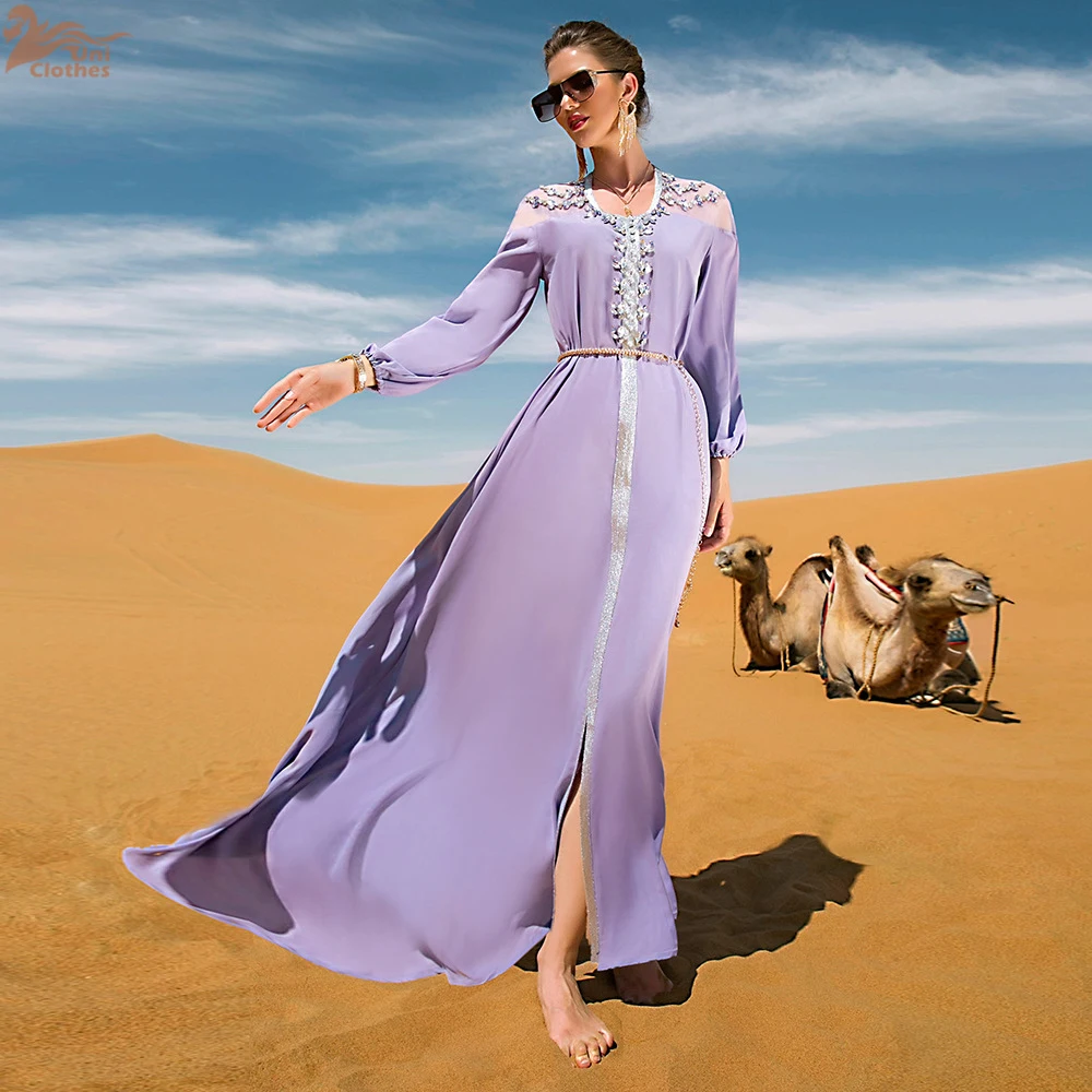 Ramadan Purple Long Sleeve Muslim Abaya Dress for Women Eid Party Jalabiya Marocain Clothes Islamic Turkey Moroccan Kaftan Robe