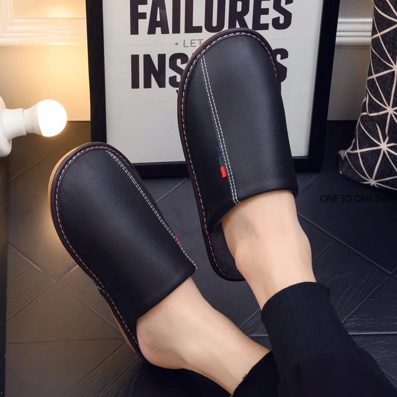 

Wholesale Home Use Non-slip Leather Cotton Slippers Women's Waterproof Plush Thick Bottom Indoor Couple Warm Men Slipper HotSale