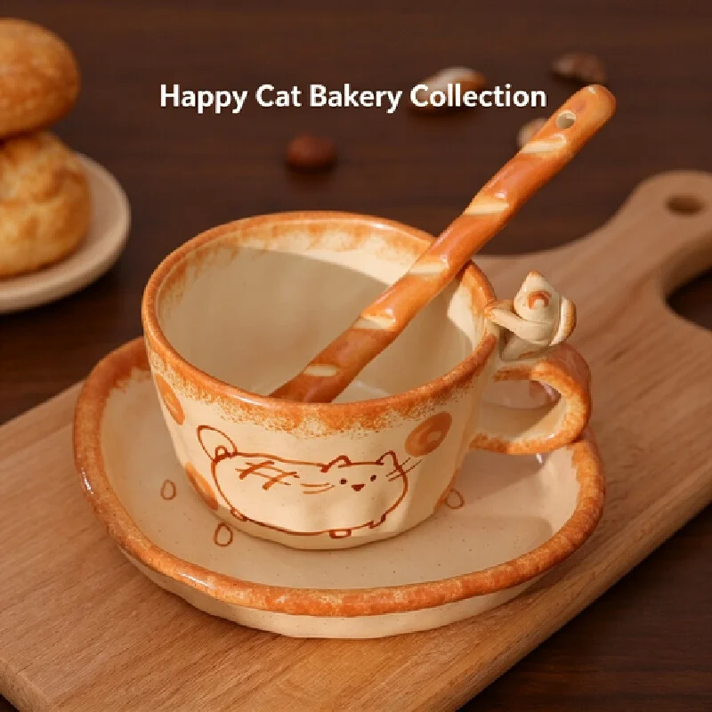 Coffee Cups Yujian Handmade Jingdezhen Ceramic Coffee Cup Cute Cat Pattern Mug With Saucer Spoon Home Office Drinkware Gift Set