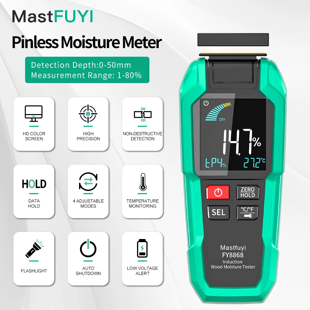 

MASTFUYI Digital Pinless Moisture Meter Wood Humidity Tester 50mm Depth Color LCD Alarm Portable