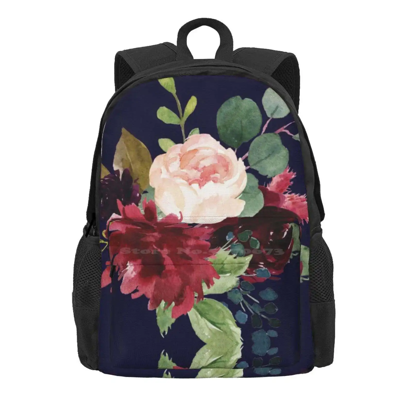 Navy, Burgundy And Blush Floral Art With Eucalyptus Hot Sale Schoolbag Backpack Fashion Bags Navy Flowers Blush Flowers