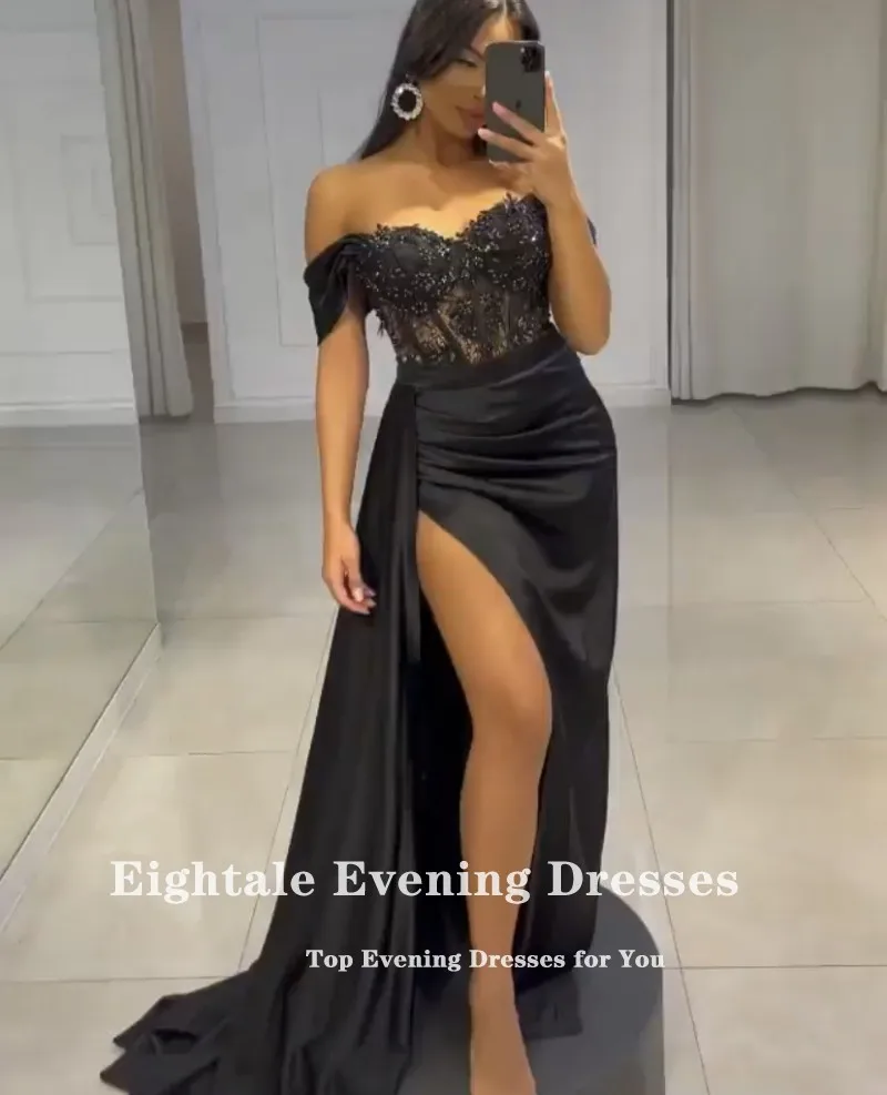 Eightale Vintage Prom Dresses Satin Black Off the Shoulder Beaded Evening Gown Wedding Arabic Customized Party robe de soirée