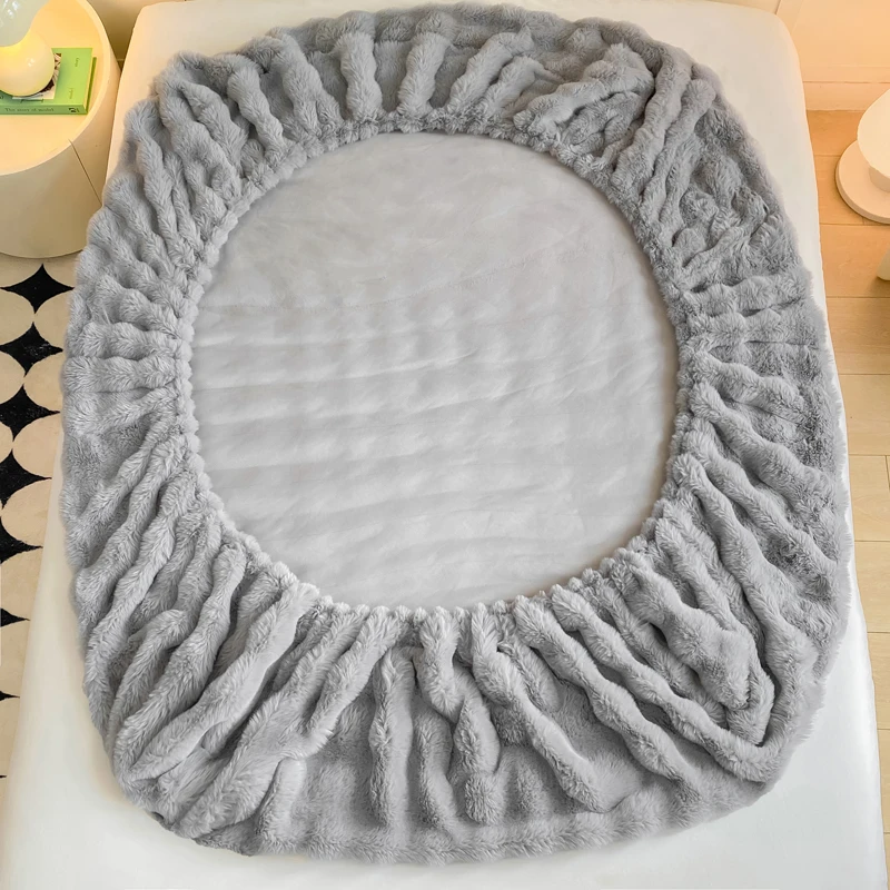 رقيق أفخم المجهزة ملاءات السرير لفصل الشتاء بلون أرنب الصوف ملاءات السرير على مرونة الشتاء الدافئة رشاقته حامي المرتبة #6